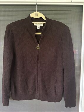 St. John sport essentials Y2K Brown wool rayon Full-Zip Textured Sweater Jacket